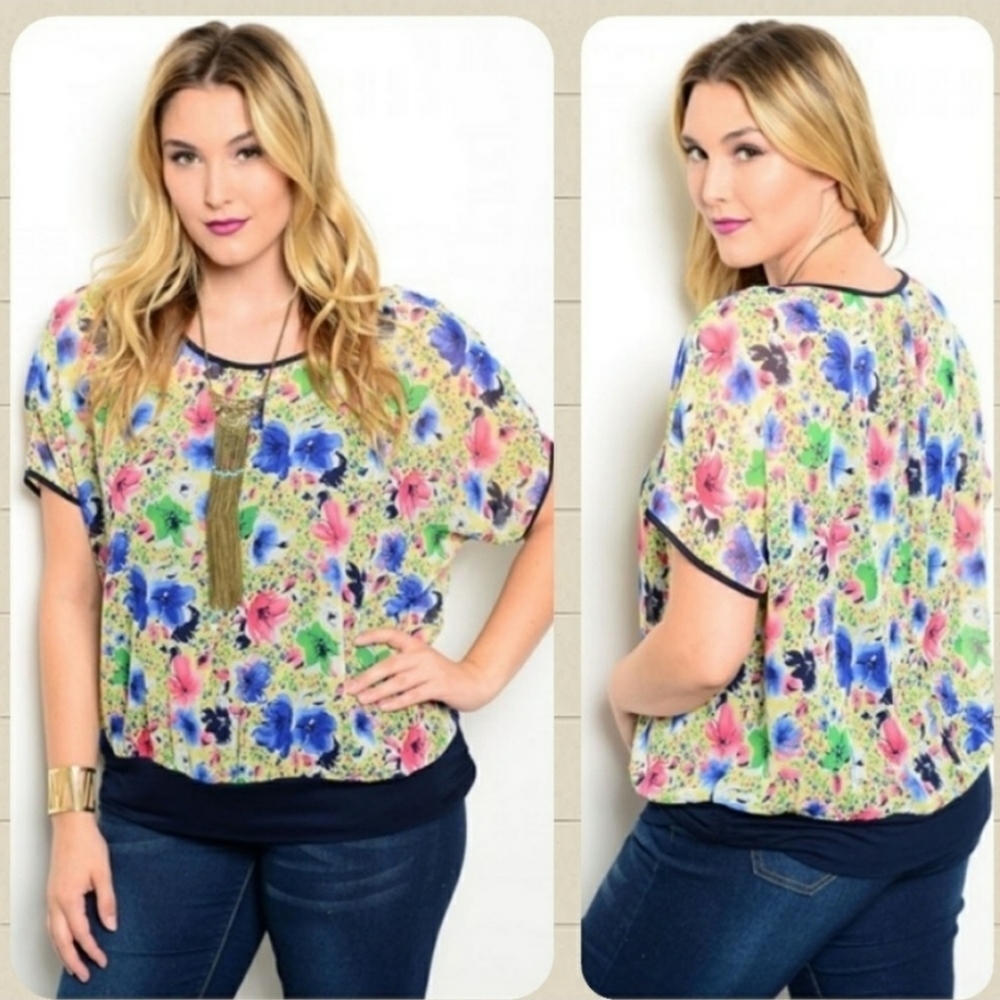 💥3for$20💥  Plus size navy yellow with flowers top